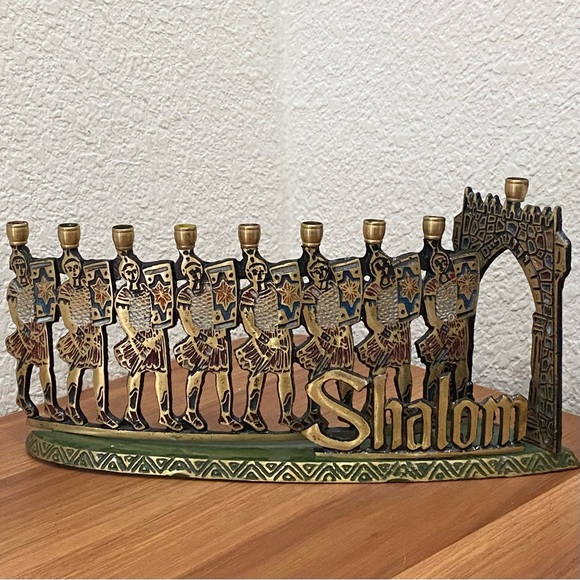 Vintage SHALOM Warriors Judaica Hanukkah Menorah Brass Enamel Candle Holder - Picture 1 of 14